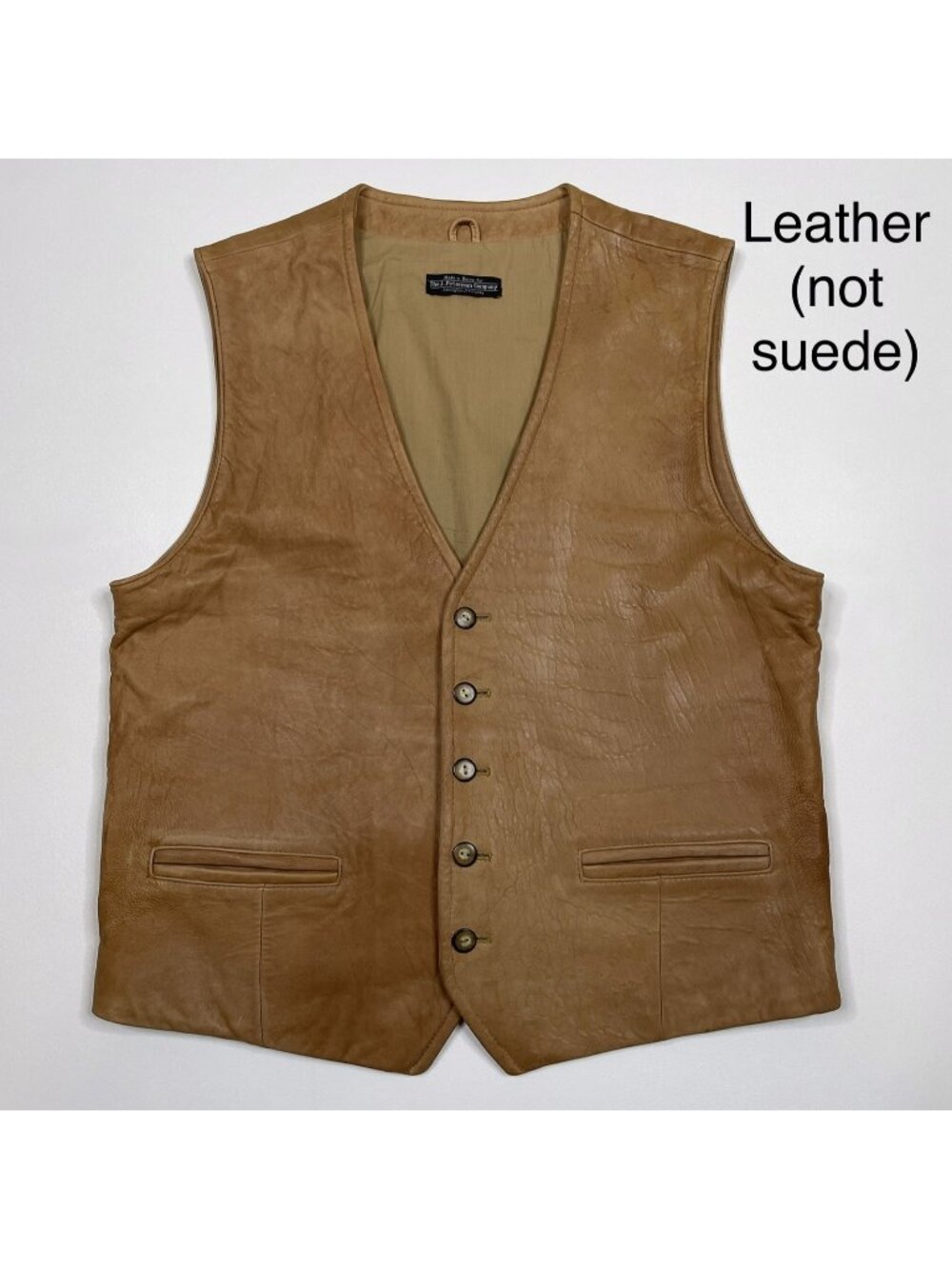 Vtg J Peterman Mens Vest Large Tan Leather Buckle Back Western Cowboy Casual